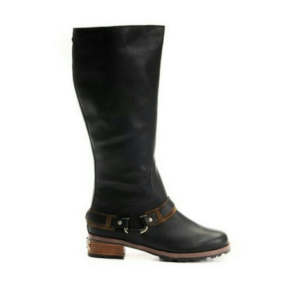 UGG Black Leather Tall Riding Boots with Brown Harness